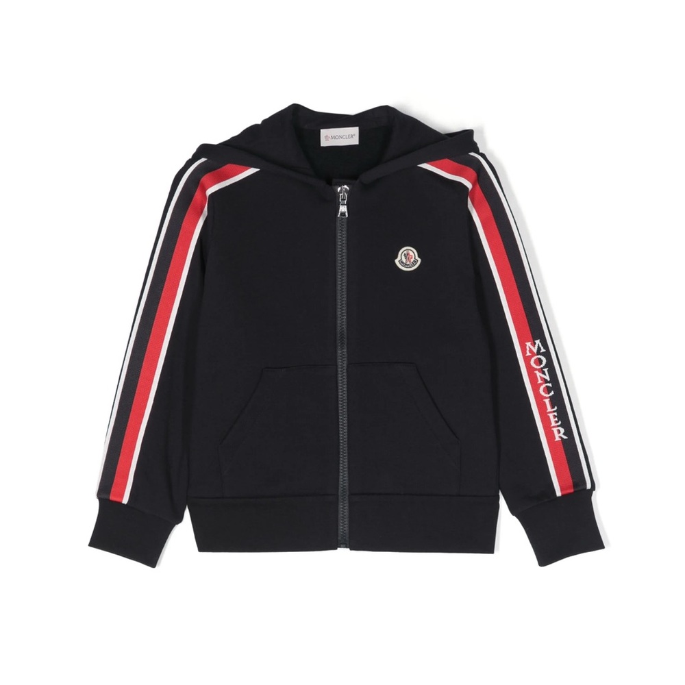 $482 Moncler Enfant Boy Girl logo-stripe cotton zip-up hoodie size 18m-24m